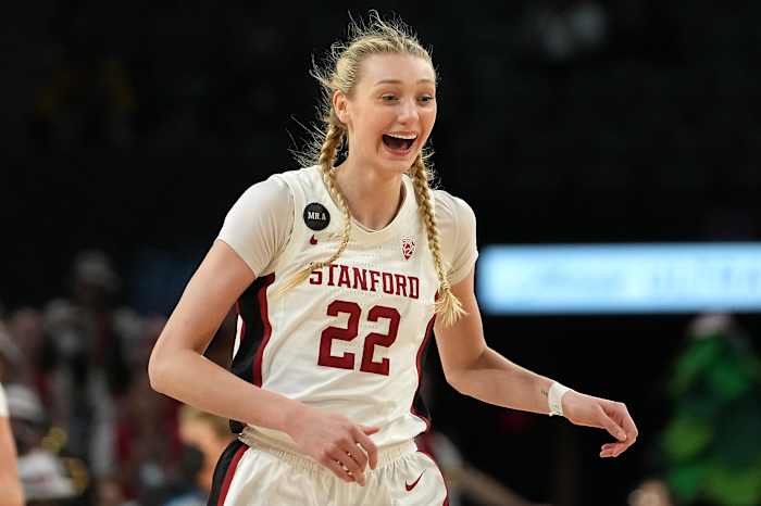 Mar 4, 2022; Las Vegas, NV, USA; Stanford Cardinal forward Cameron Brink (22) celebrates after a scoring play against the Colorado Buffaloes during the fourth quarter at Michelob Ultra Arena. Mandatory Credit: Stephen R. Sylvanie-USA TODAY Sports